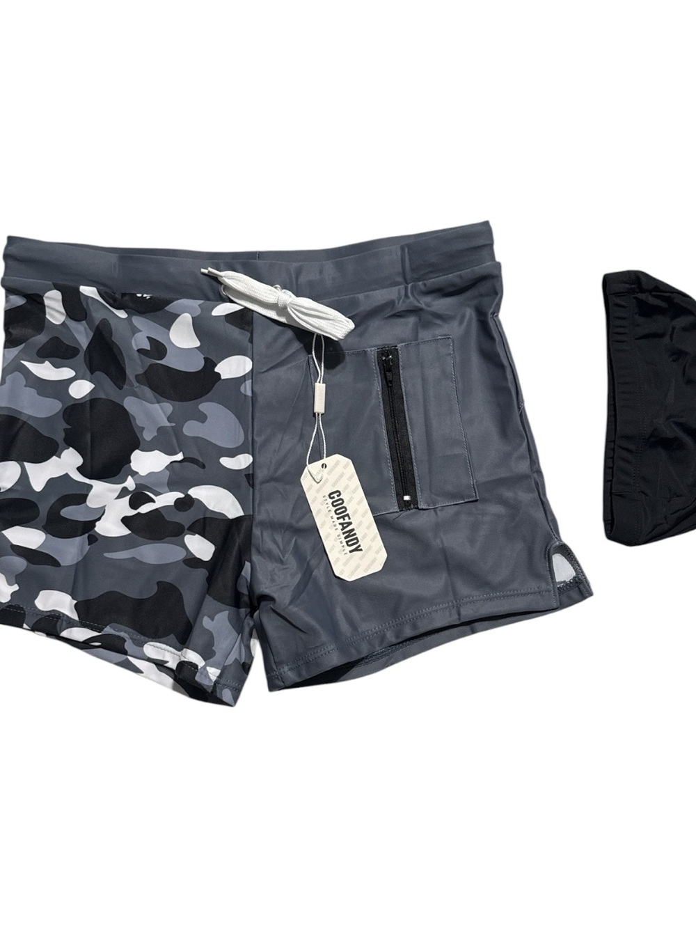 Quick Dry Lightweight Square Leg Cut Swimwear Trunks/Cap Men’s Size M Gray/Camo